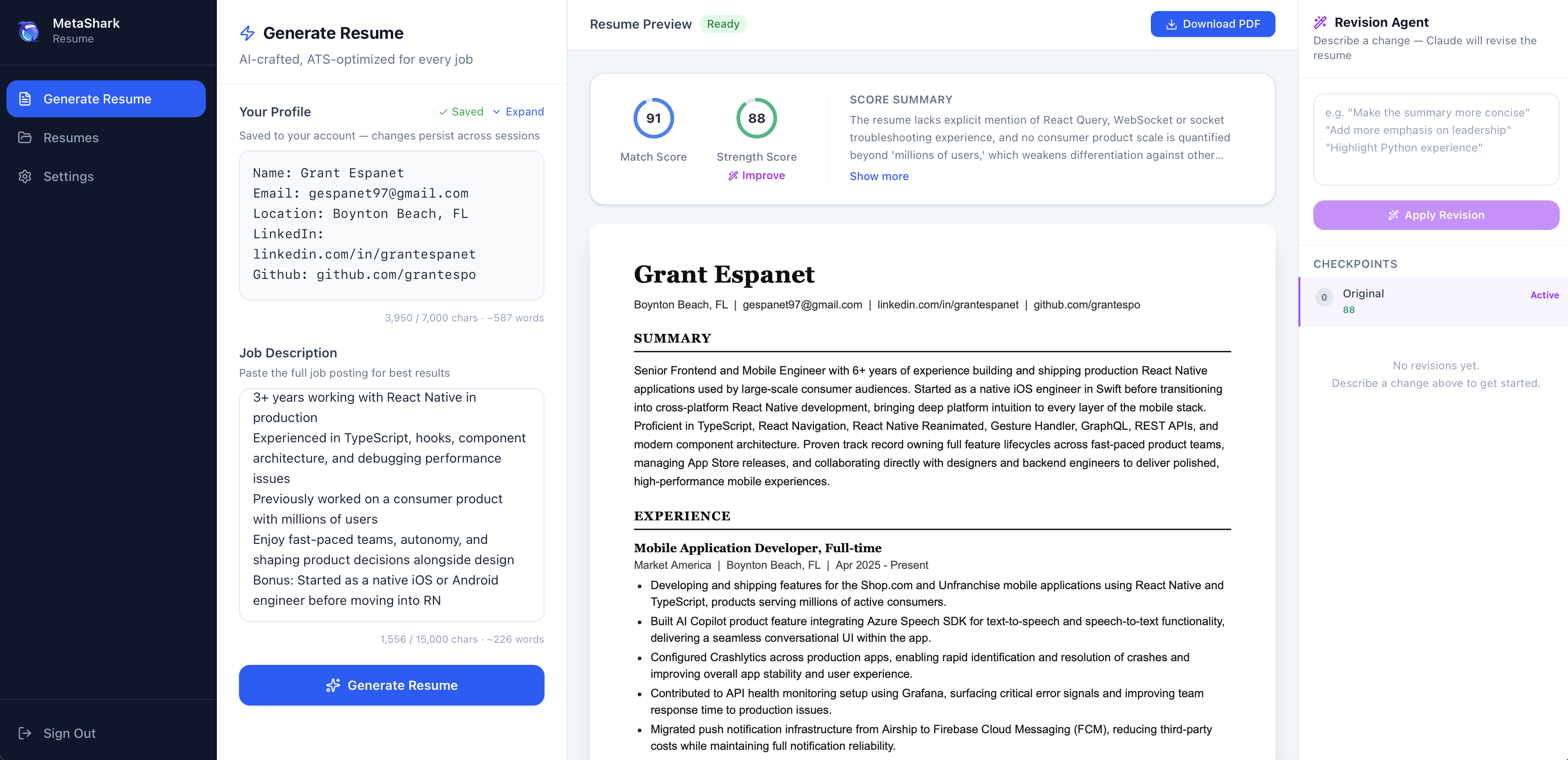 MetaShark Resume app screenshot