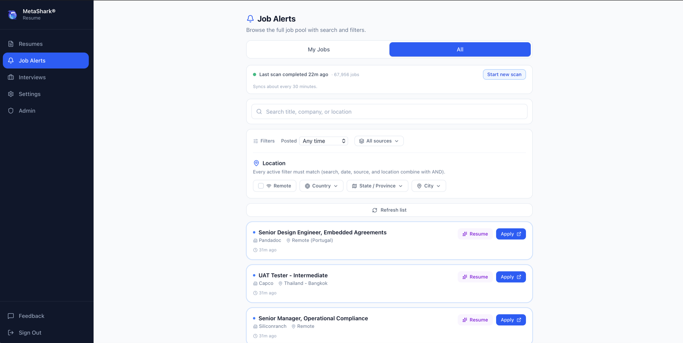 Browse all job alerts with search and location filters