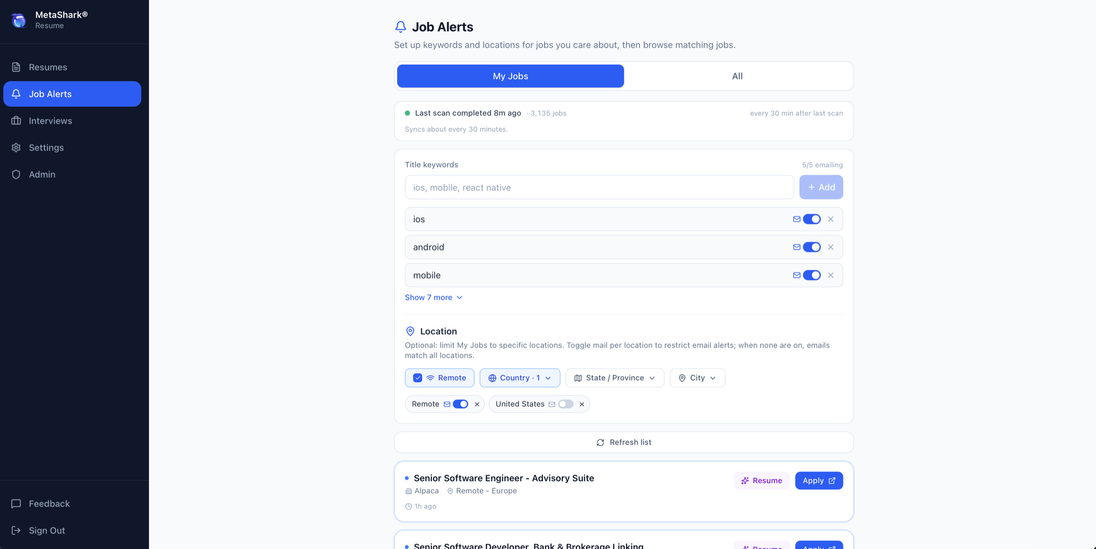 My Jobs alerts with keyword and location email toggles
