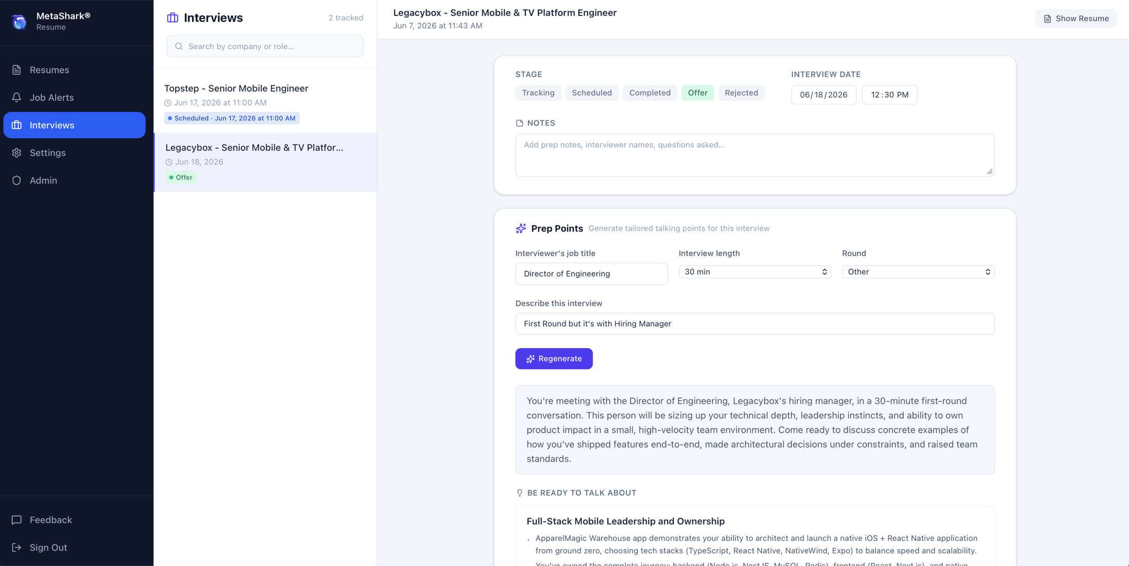 Interview tracker with list and AI prep talking points